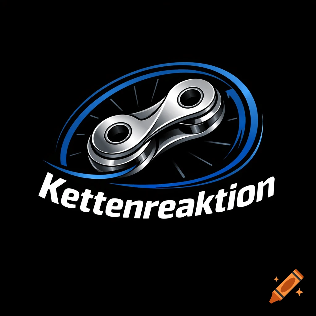 Metallic silver bicycle chain link logo with blue swooshes and white text 'Kettenreaktion' on a black background.