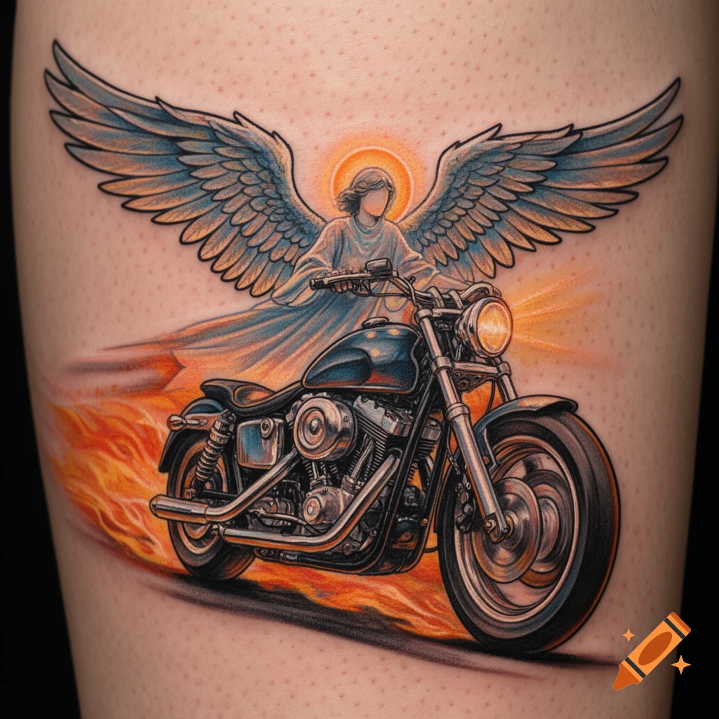 Colorful tattoo of an angel with large wings riding a flaming motorcycle.