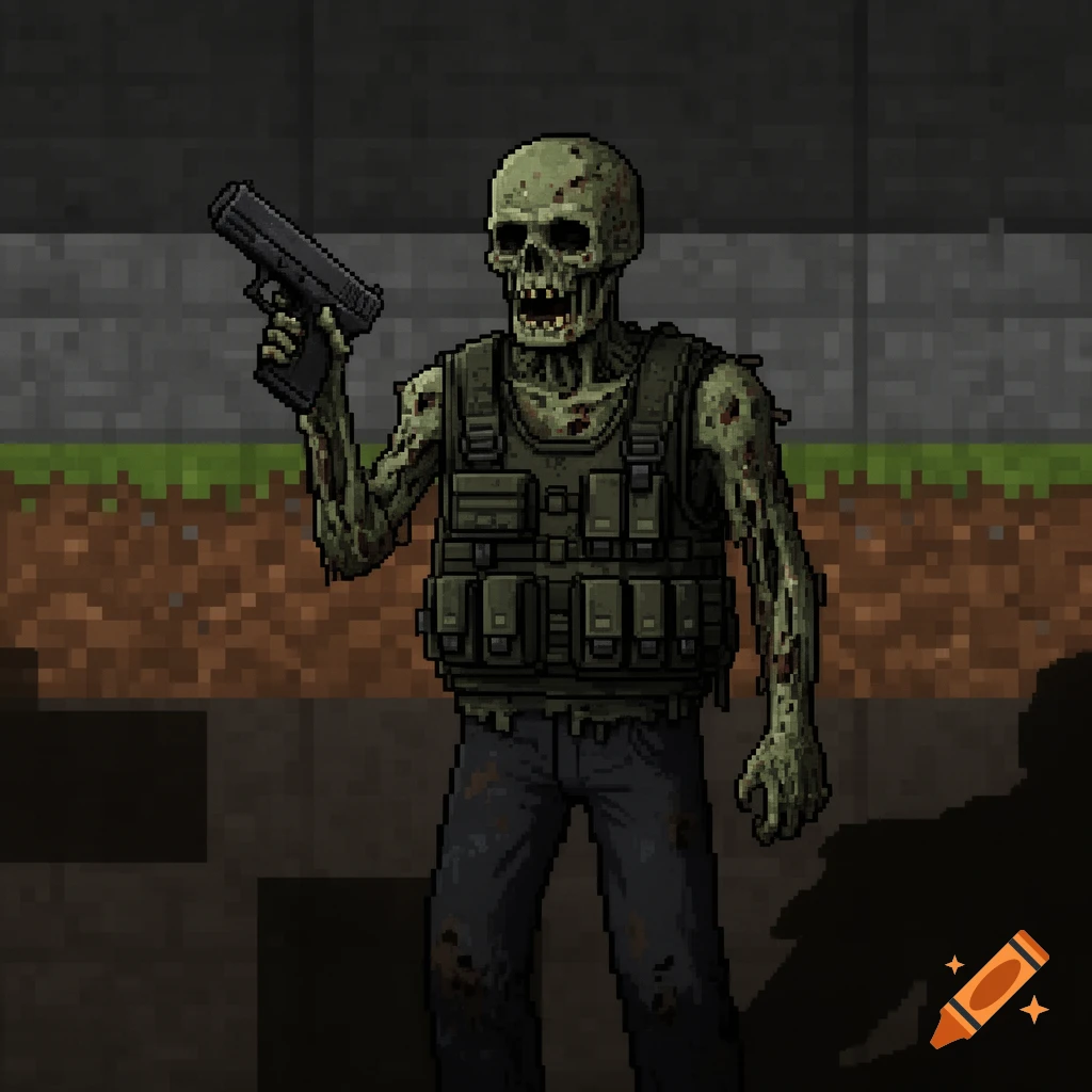 Pixel art zombie in a tactical vest holding a pistol, in a Minecraft Bedrock style.