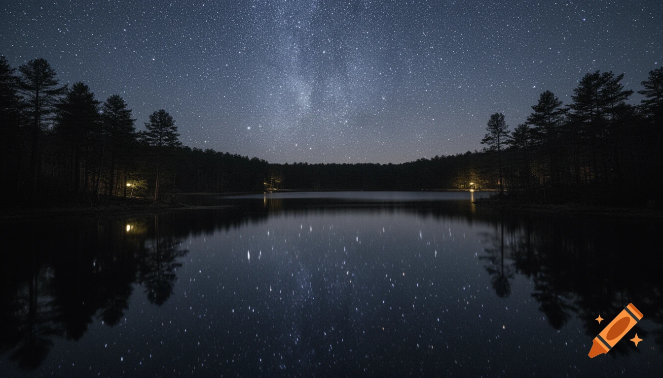 A serene lake reflects a starry night sky with the Milky Way, framed by ...