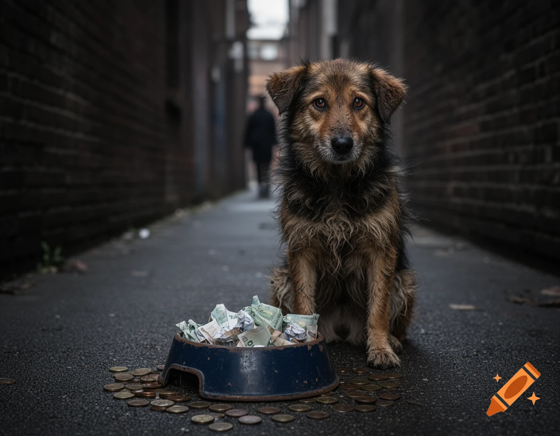 A sad, scruffy dog sits in a dark alley next to a bowl overflowing with banknotes and coins.