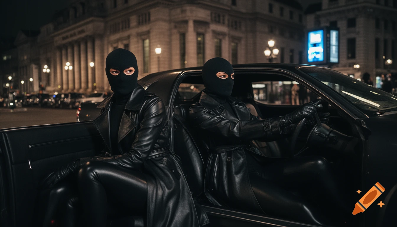 Two women in black leather outfits and balaclavas sit in a car at night, observing a building. Photorealistic style.