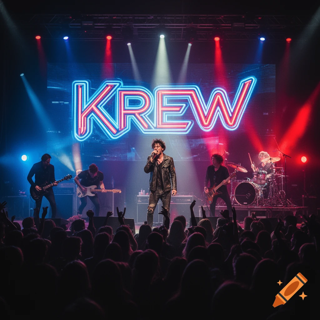 A band performs on a brightly lit stage with a large screen displaying 'KREW' behind them, viewed from the audience.