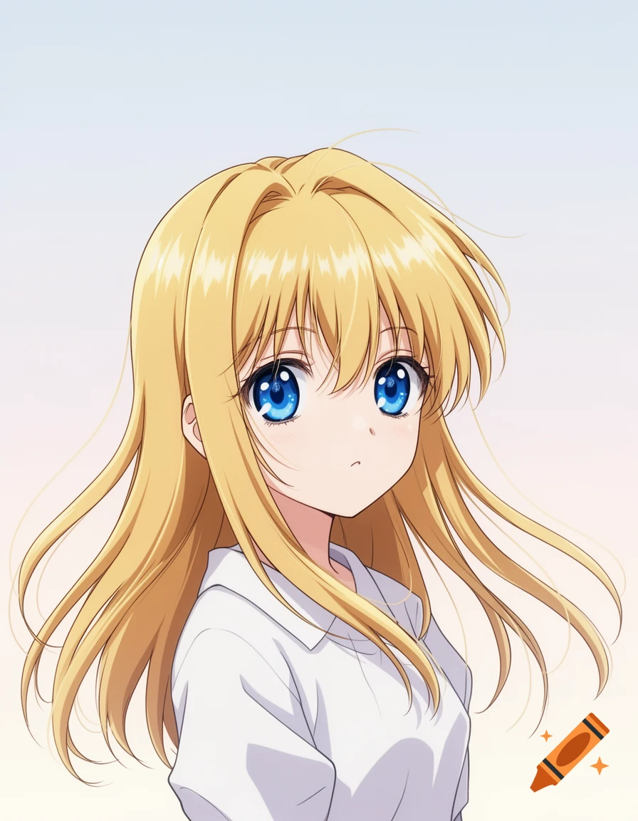Close-up anime portrait of a girl with long blonde hair and large blue ...