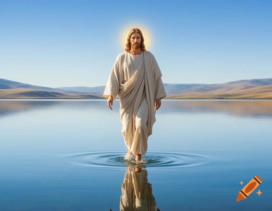 Jesus with a halo walks on the calm water of a lake, with mountains in the background under a clear blue sky, photorealistic.