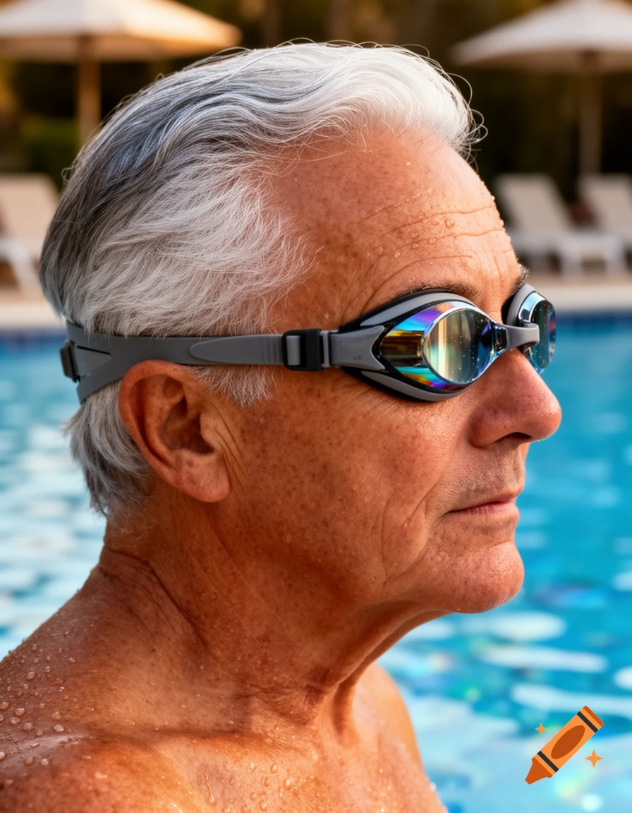Close-up, side profile of an older man with gray hair and swimming goggles, partially in a pool with water droplets on his skin.