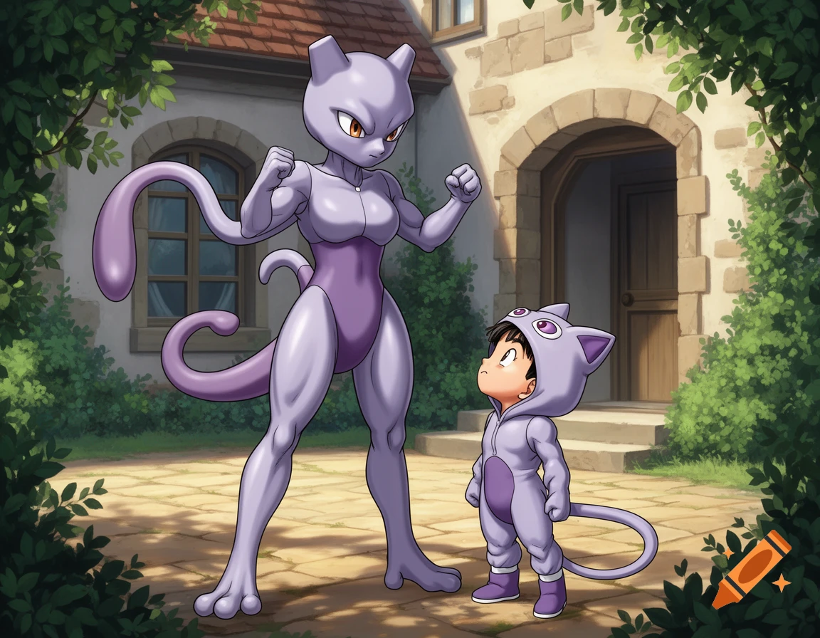 A large purple Mewtwo flexes its arms next to a small child in a Mewtwo costume, looking up in awe in an outdoor courtyard with a stone house.