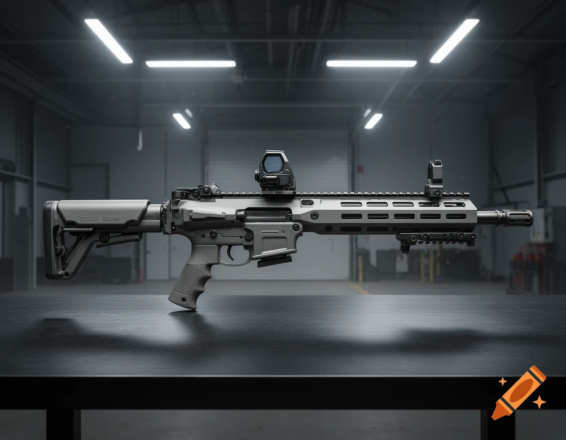 A gray modern assault rifle with a red dot sight and accessories rests on a dark table in a workshop.