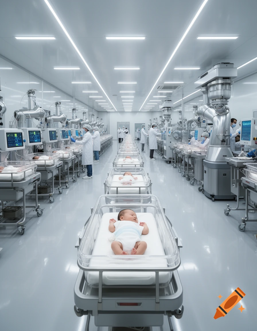A futuristic, sterile factory hall with rows of babies in transparent bassinets, monitored by medical personnel and advanced machinery.