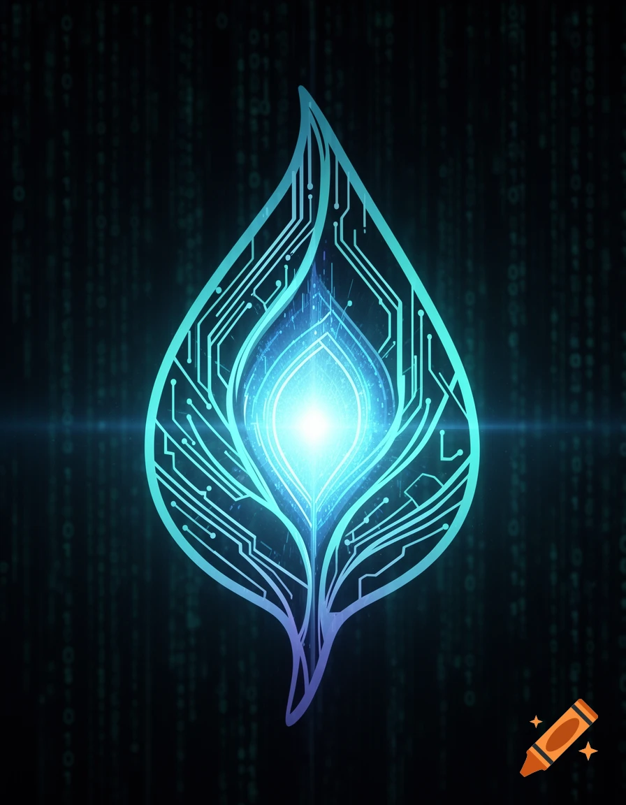 A glowing blue and teal leaf-shaped circuit board against a dark background with falling green binary code, digital art.