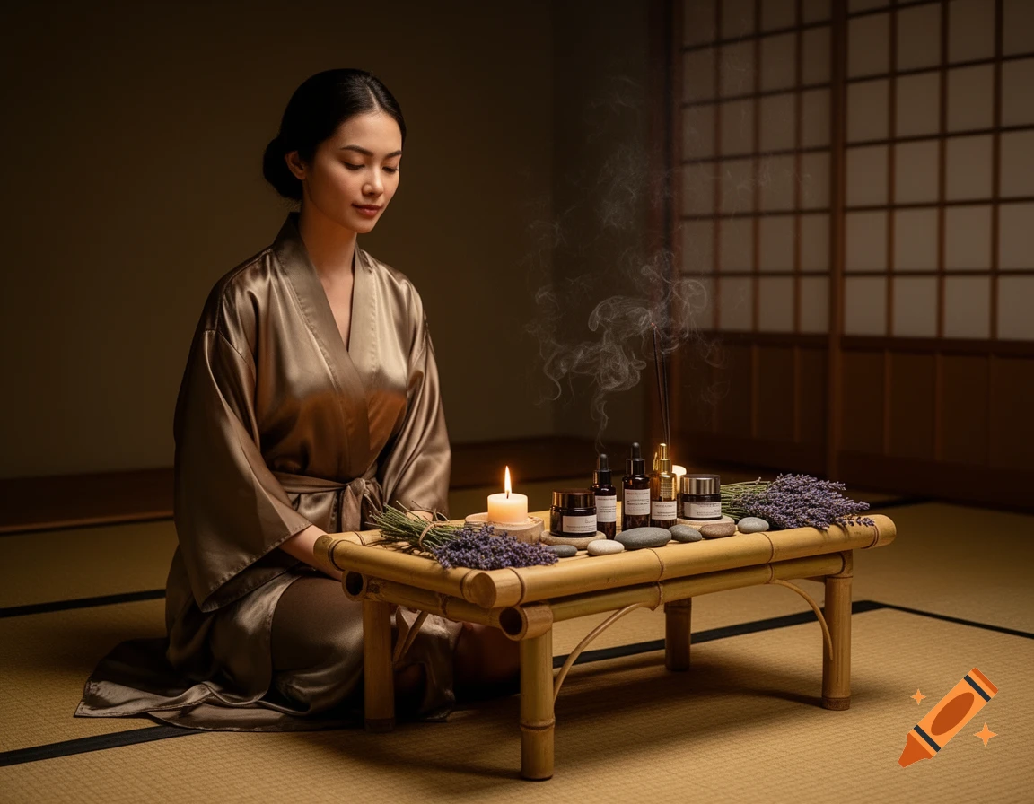A woman in a silk robe kneels on tatami mats, eyes closed, beside a bamboo table with skincare products, burning incense, a candle, lavender, and stones in a serene, dimly lit room with shoji screens.