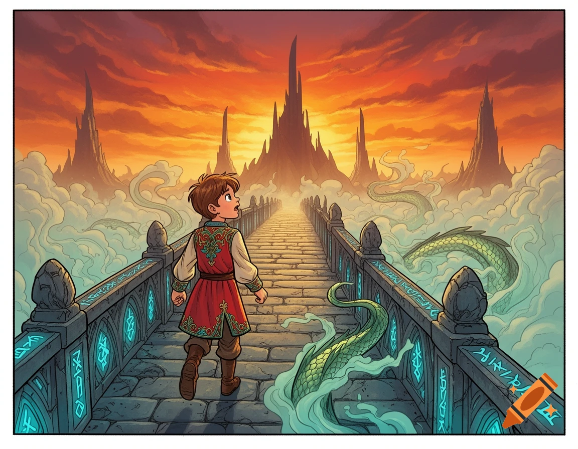 A boy walks on a glowing-rune bridge over clouds towards spiky castles ...