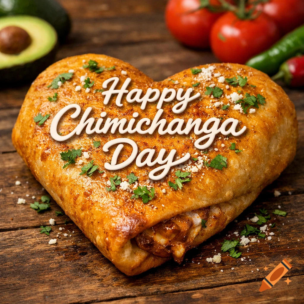 Heart-shaped chimichanga with 'Happy Chimichanga Day' text, garnished with herbs and cheese on a wooden table with avocado and vegetables.