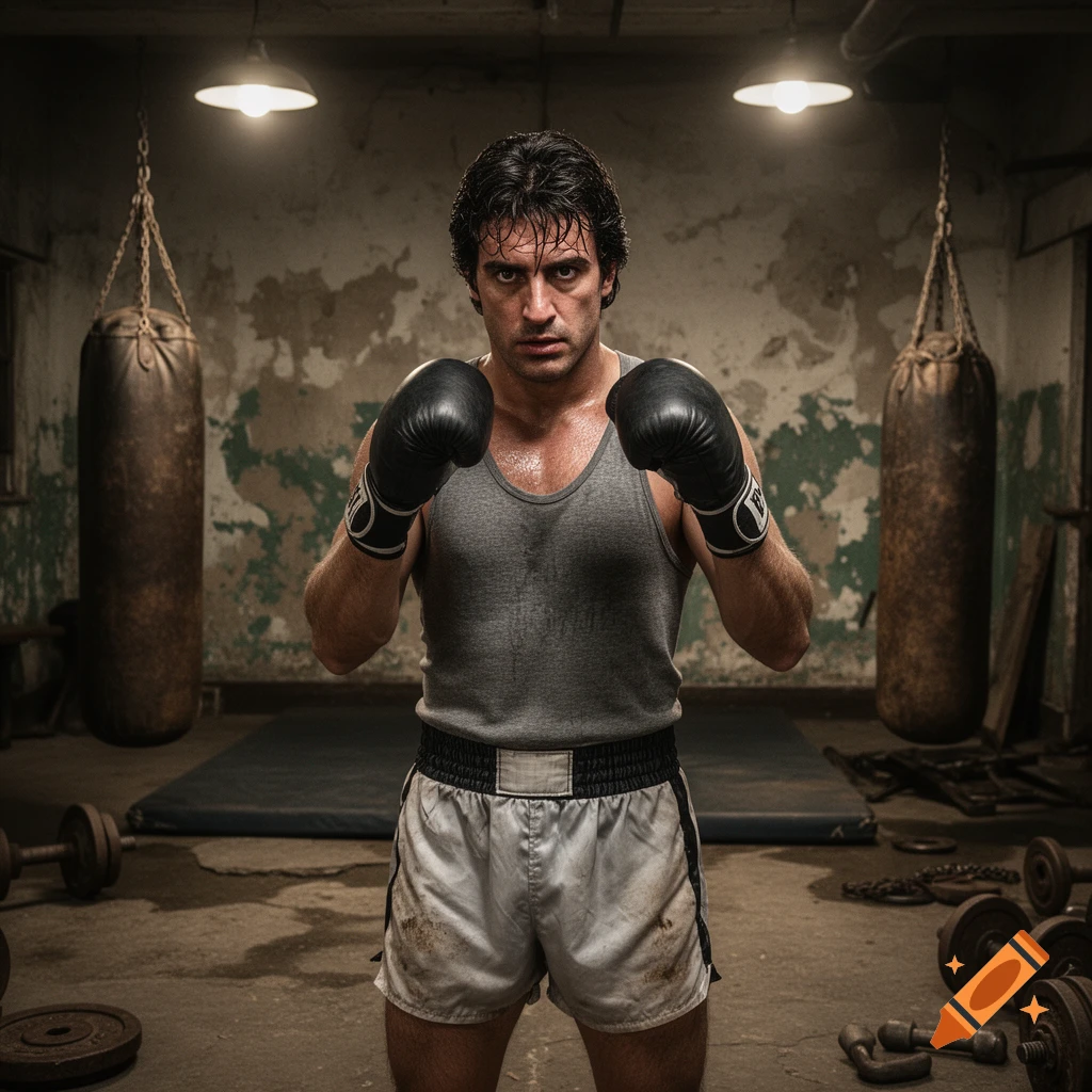 A sweaty male boxer with dark hair, wearing a grey tank top and white shorts, stands in a fighting stance with black boxing gloves in a gritty, dimly lit gym. Punching bags and weights are visible in the background.