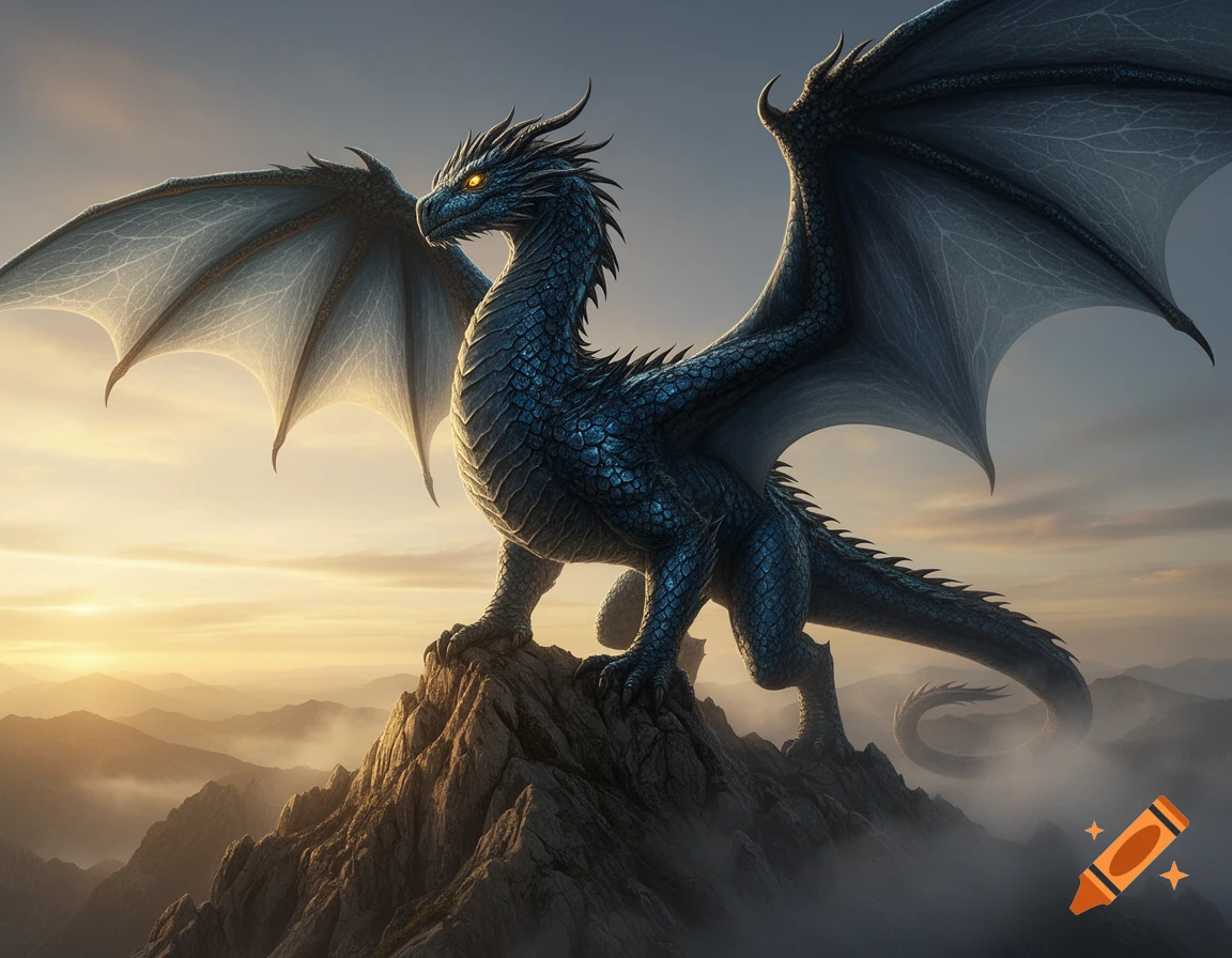 A majestic blue dragon with outstretched wings stands atop a rocky ...