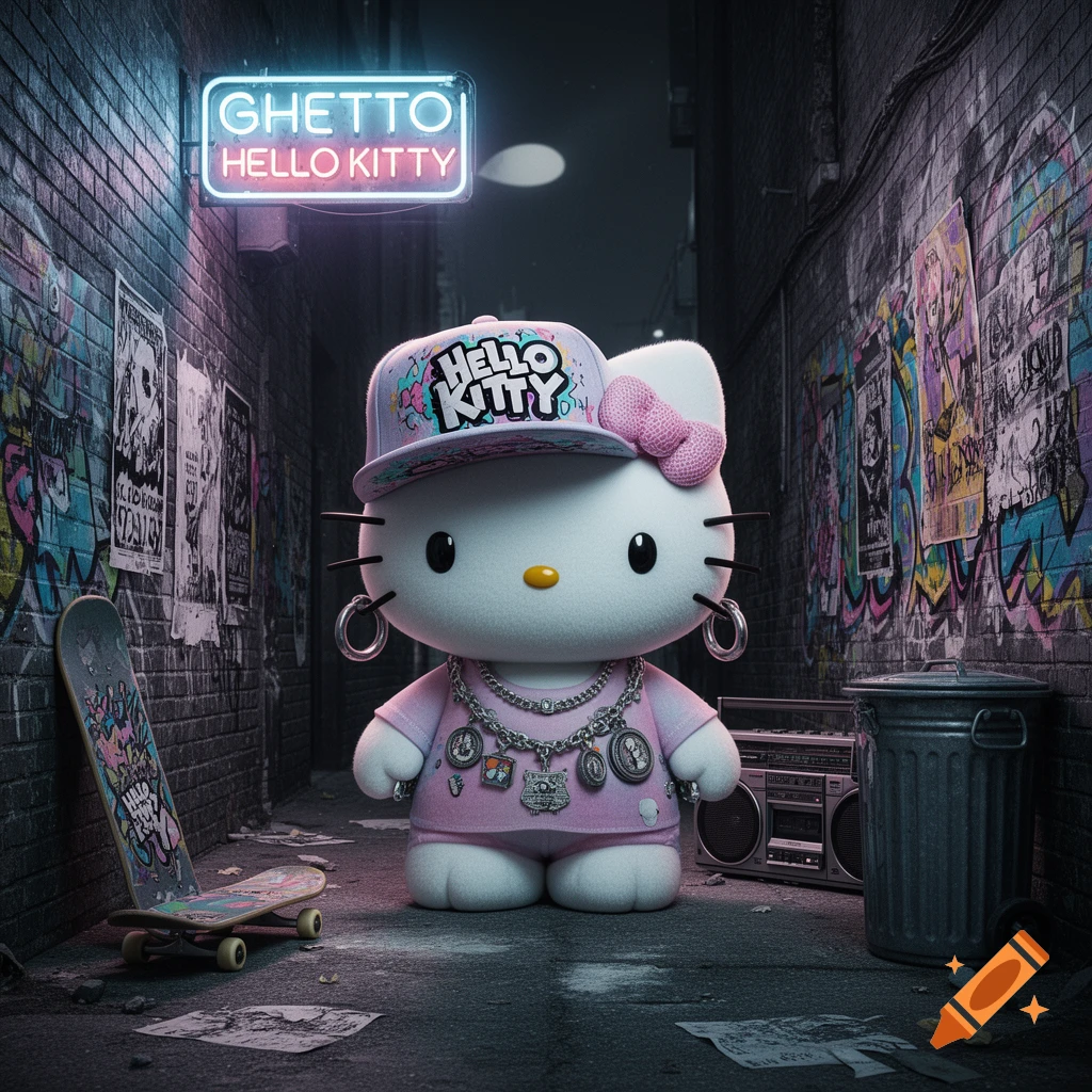 Hello Kitty in street attire with a baseball cap and chains, standing in a graffiti-covered alley with a neon 'GHETTO HELLO KITTY' sign, skateboard, and boombox.
