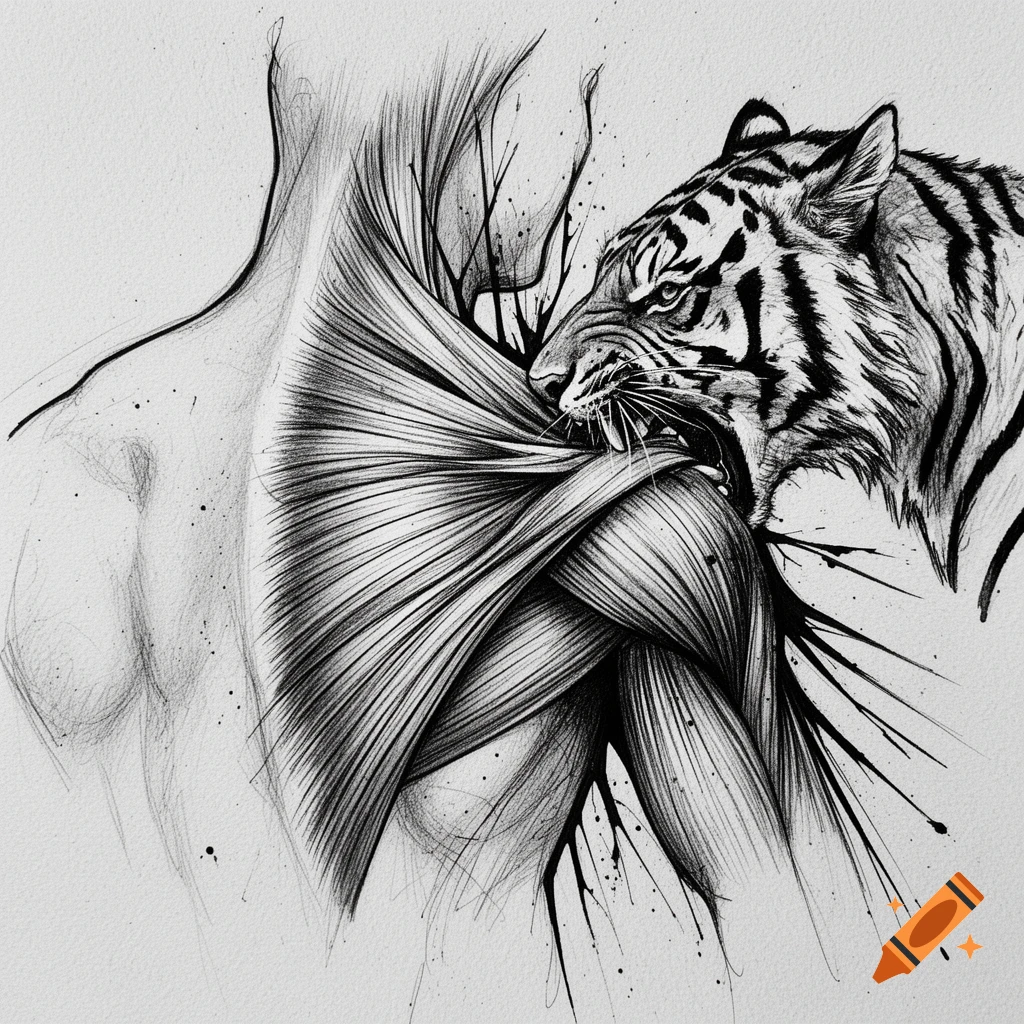 A monochrome ink drawing depicts a tiger biting into the detailed muscle anatomy of a human shoulder and neck with dynamic lines and cross-hatching.
