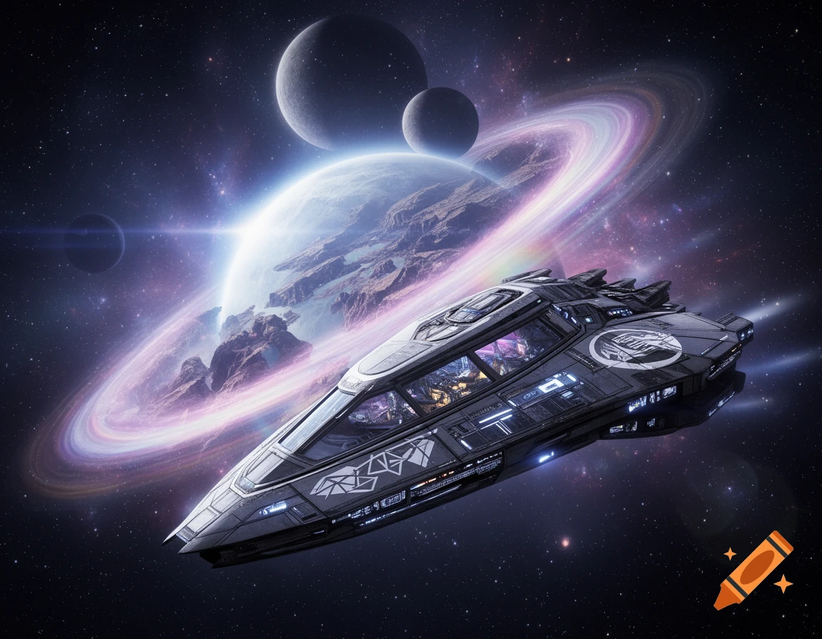 A sleek, dark futuristic spaceship with glowing accents flies through space past a large ringed planet with visible terrain and moons, illuminated by a bright nebula.