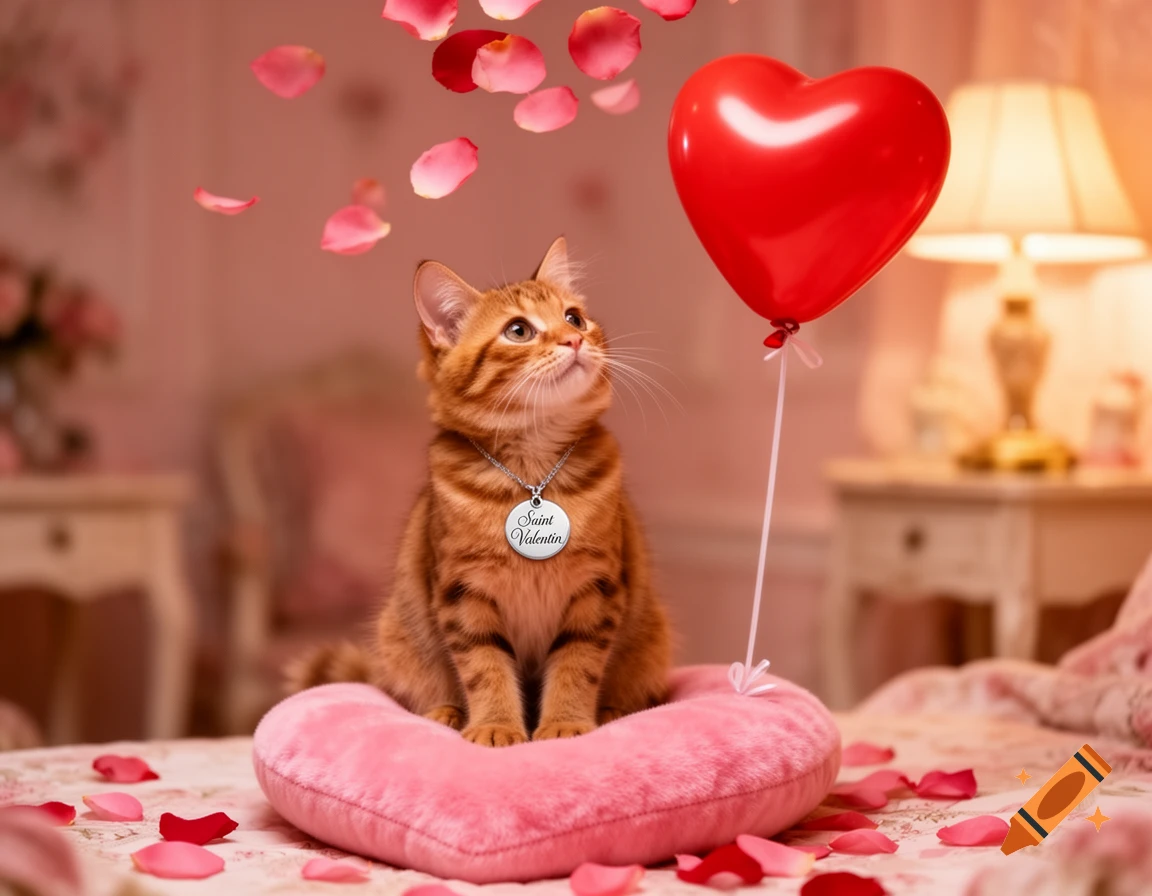 Photorealistic ginger tabby kitten on a pink heart pillow with 'Saint Valentin' tag, falling rose petals, and red heart balloon.