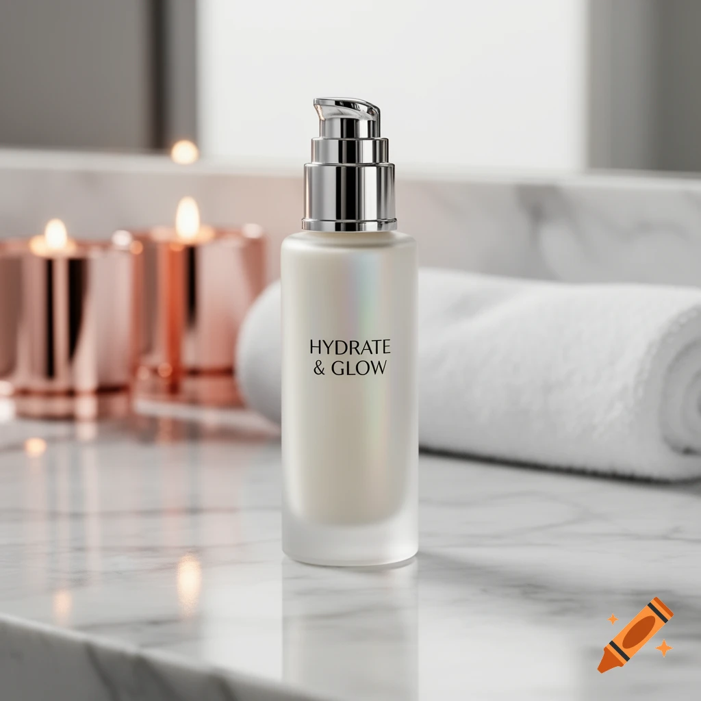 A pearlescent face moisturizer bottle with a chrome pump sits on a marble counter, with blurred candles and a white towel in the background.