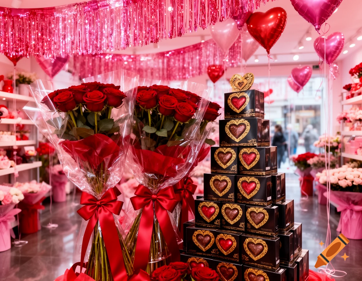 An elaborate display in a Valentine's Day themed store featuring two large bouquets of red roses, a pyramid of heart-shaped chocolate boxes, and pink and red tinsel decorations.