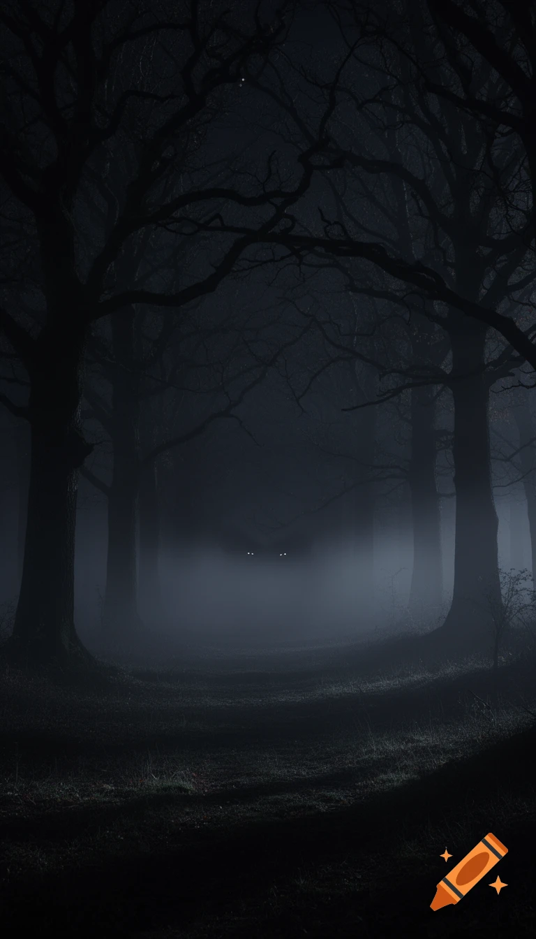 A dark, misty forest at night with tall, bare trees on either side, and two faint glowing eyes in the distance.
