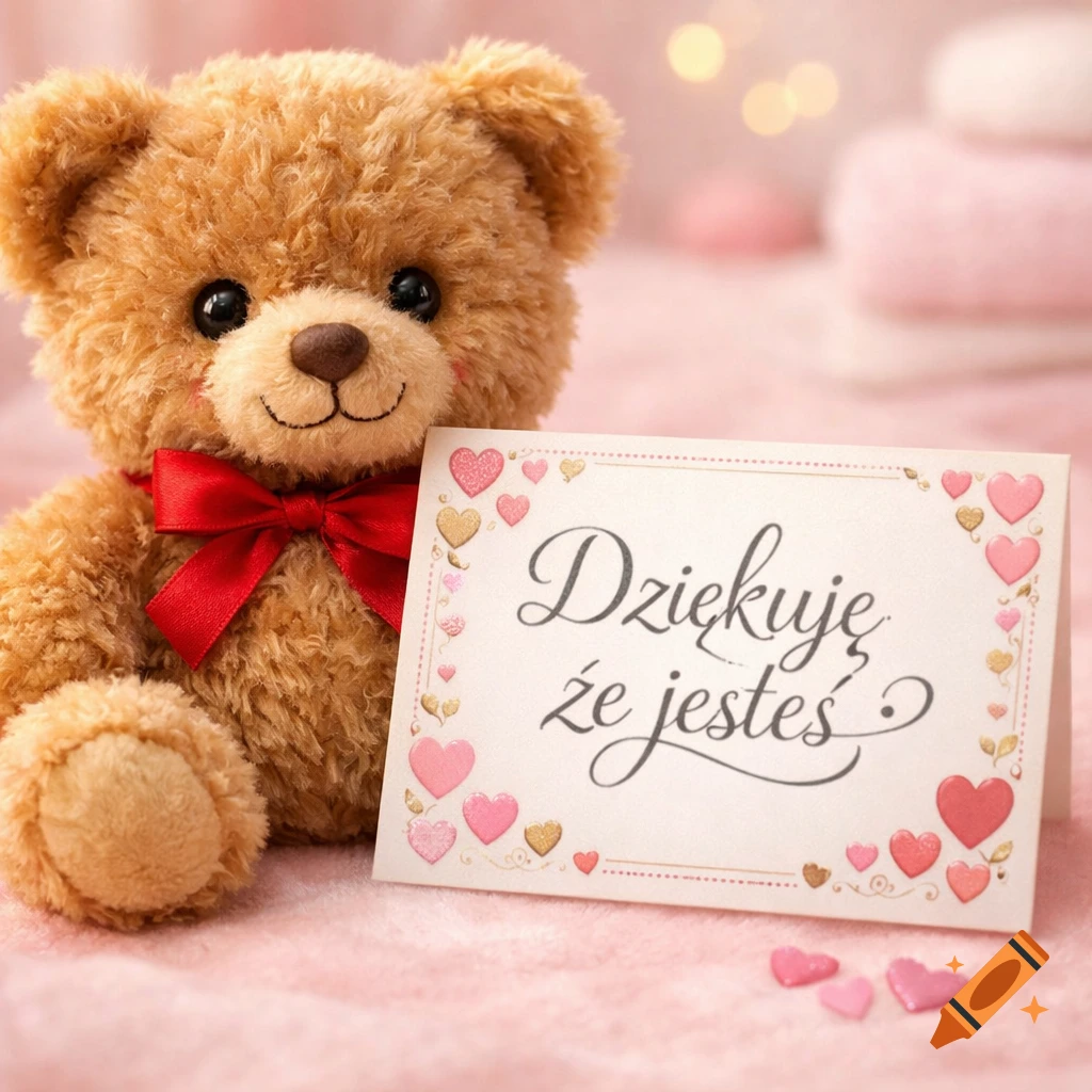 A fluffy brown teddy bear with a red bow sits next to a pink greeting card with hearts and Polish text, on a soft pink background.
