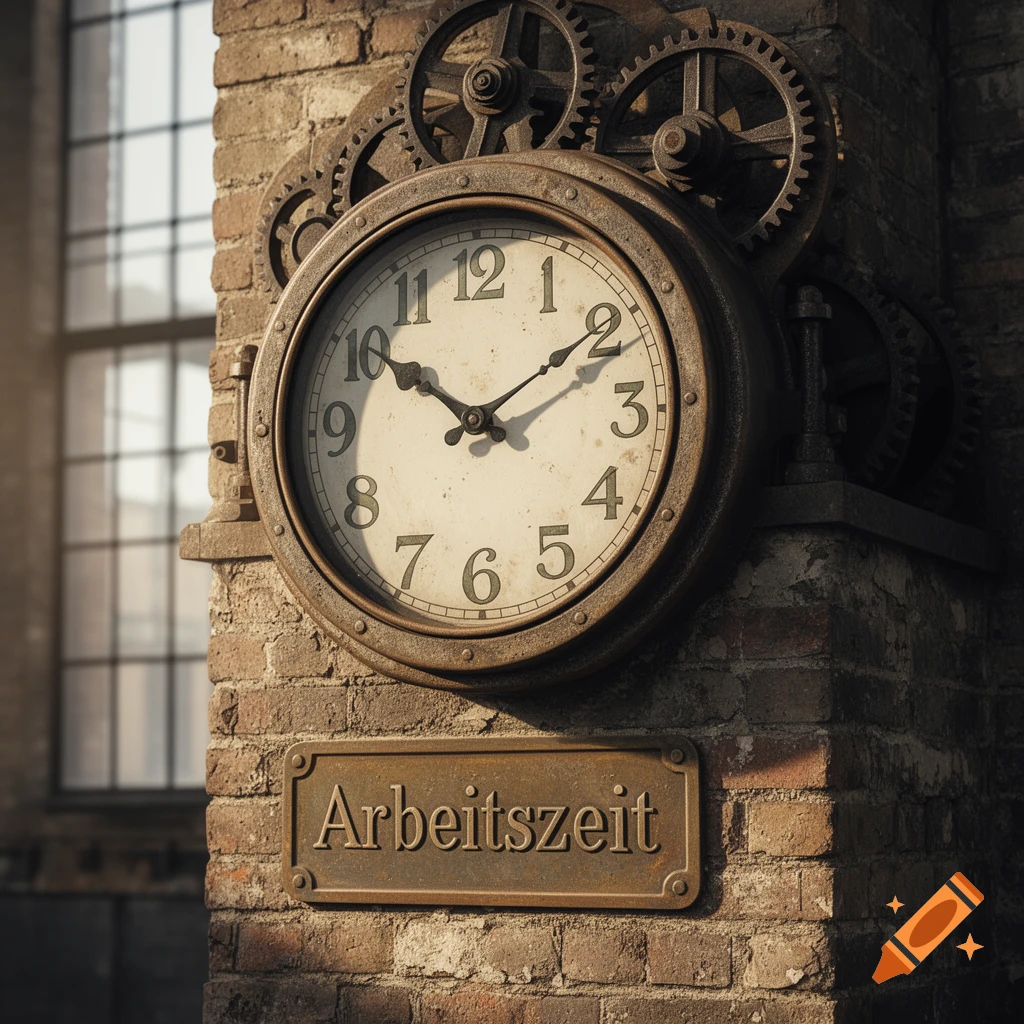 A large, antique industrial clock with exposed gears on a brick wall, above a brass sign reading 'Arbeitszeit'.