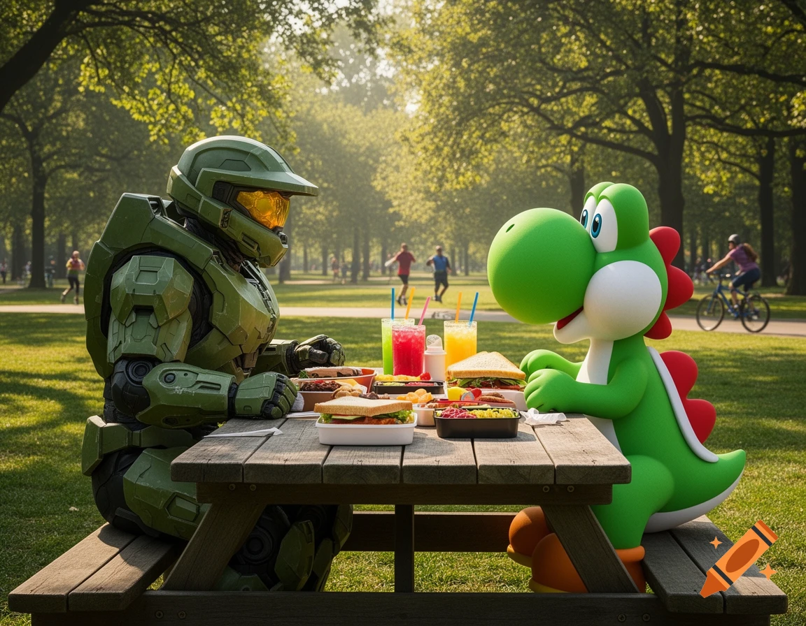 Master Chief and Yoshi sit at a picnic table laden with food and drinks in a sunny park.