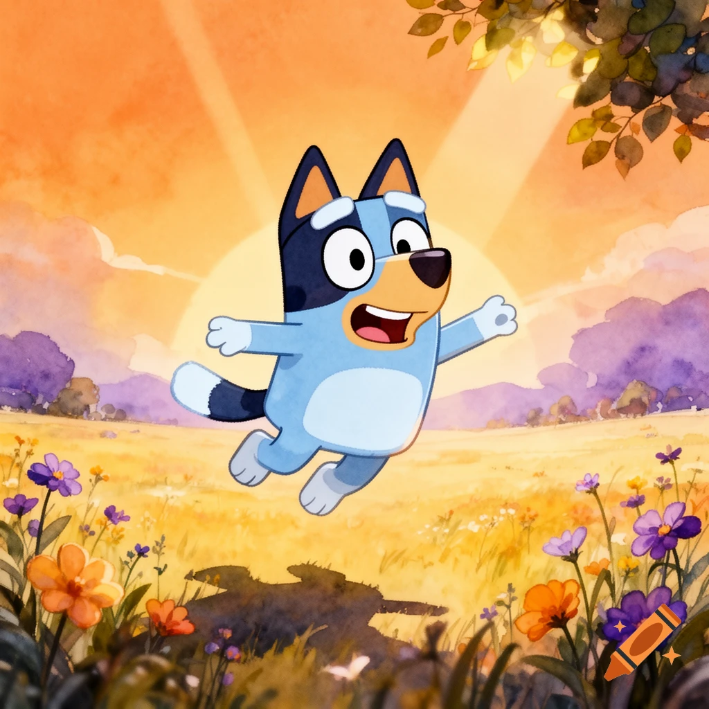 Bluey, a blue cartoon dog, joyfully jumps in a sunlit field with purple and orange flowers, rendered in a watercolor style.