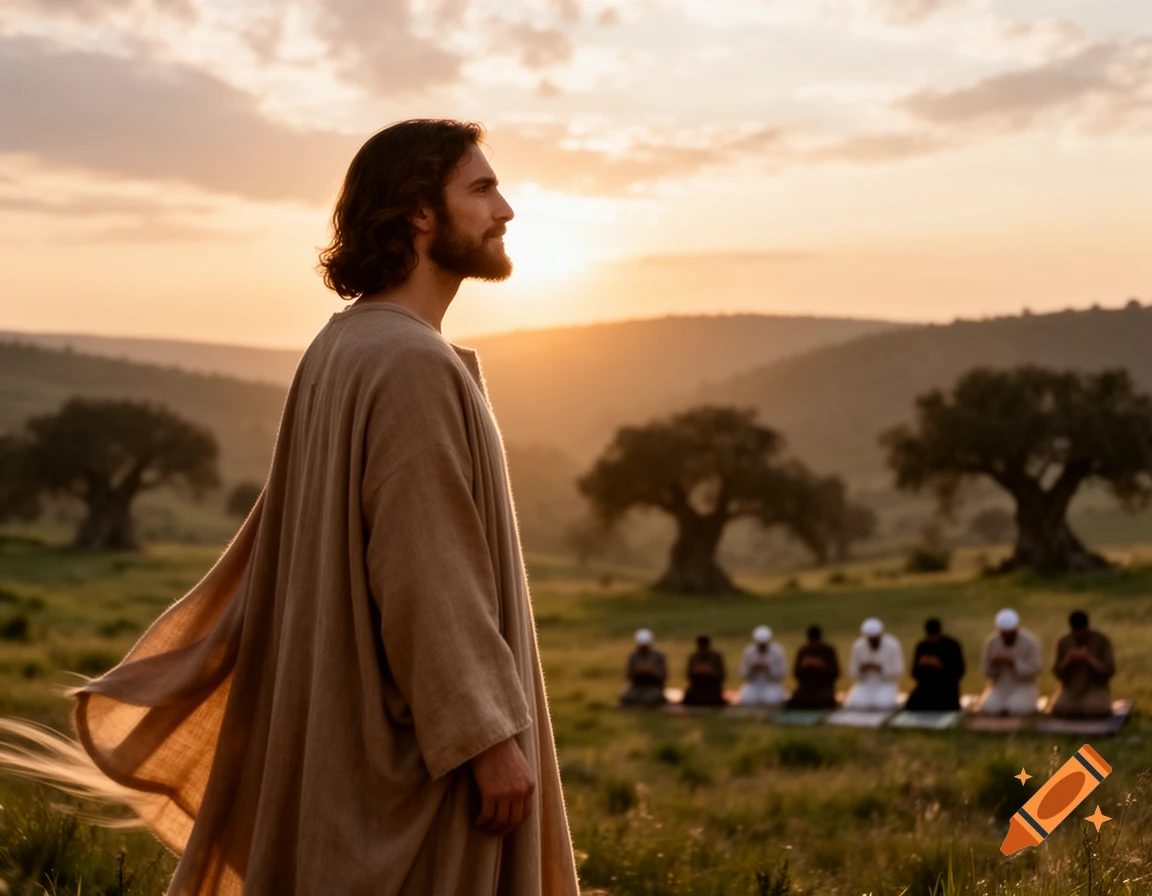 A man resembling Jesus stands in a grassy field at sunset, looking towards people kneeling in prayer. Photorealistic.