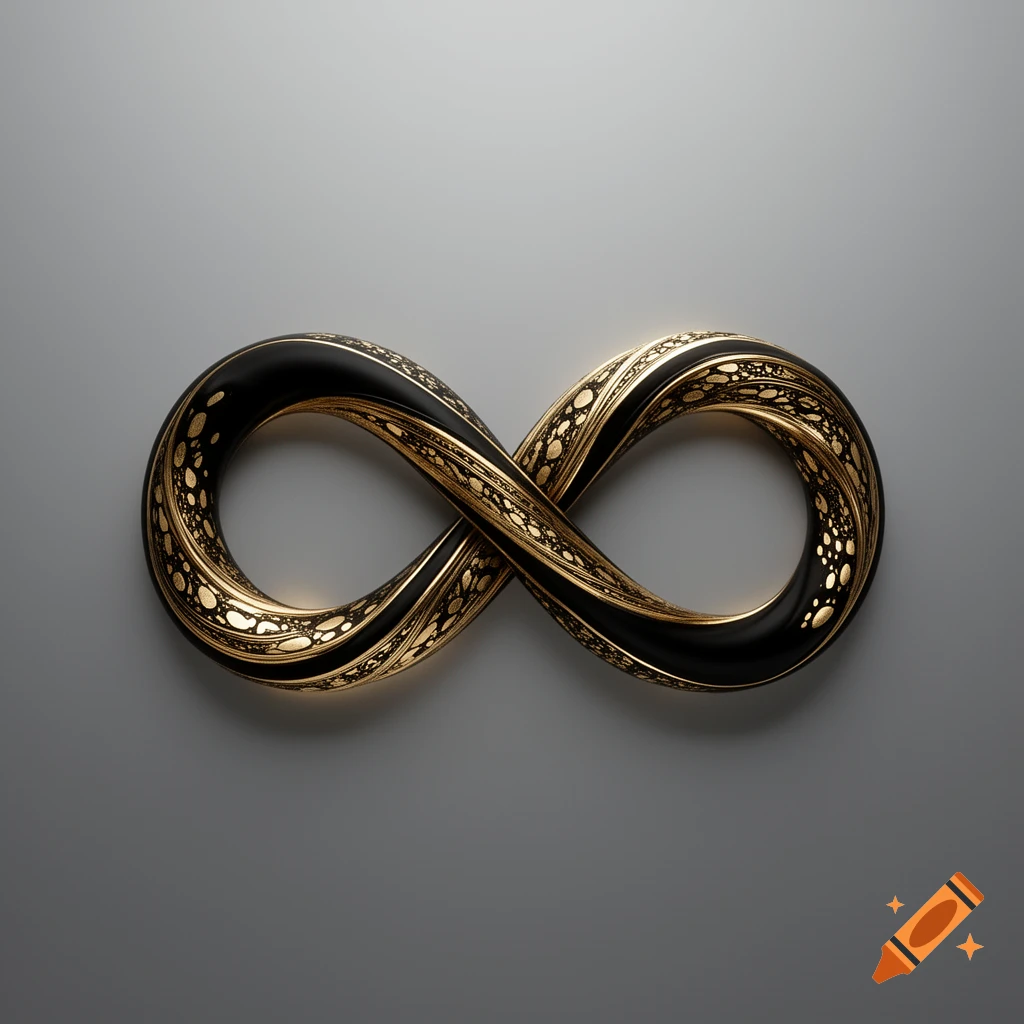 A stylish black and gold infinity symbol, adorned with intricate gold patterns, rests on a smooth grey surface.