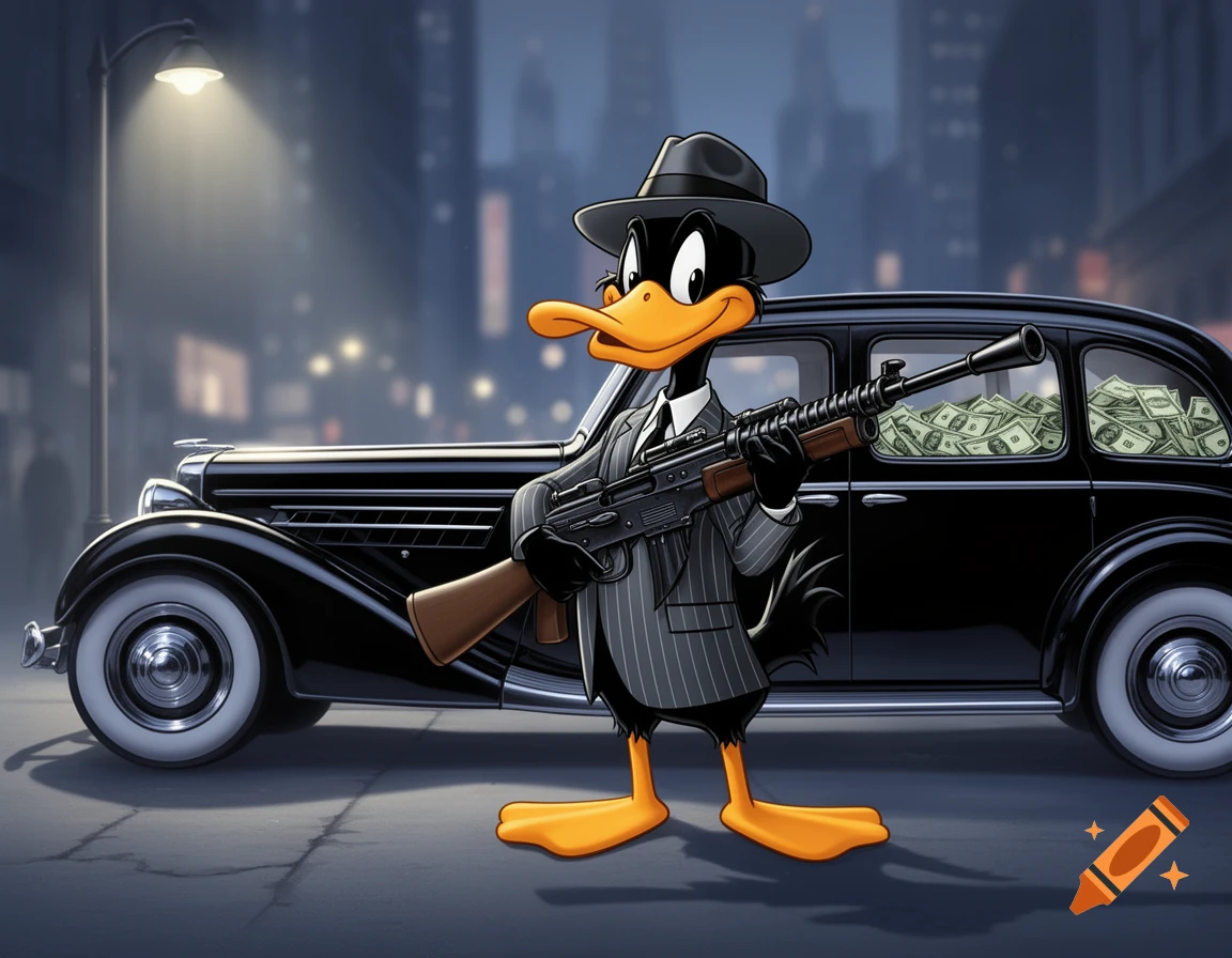 Cartoon Daffy Duck as a gangster in a pinstripe suit and fedora, holding a submachine gun next to a vintage car filled with cash at night.