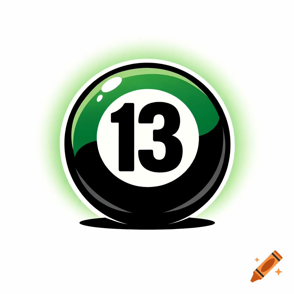 Stylized black and green billiard ball with a white circle displaying the number 13, surrounded by a green glow.