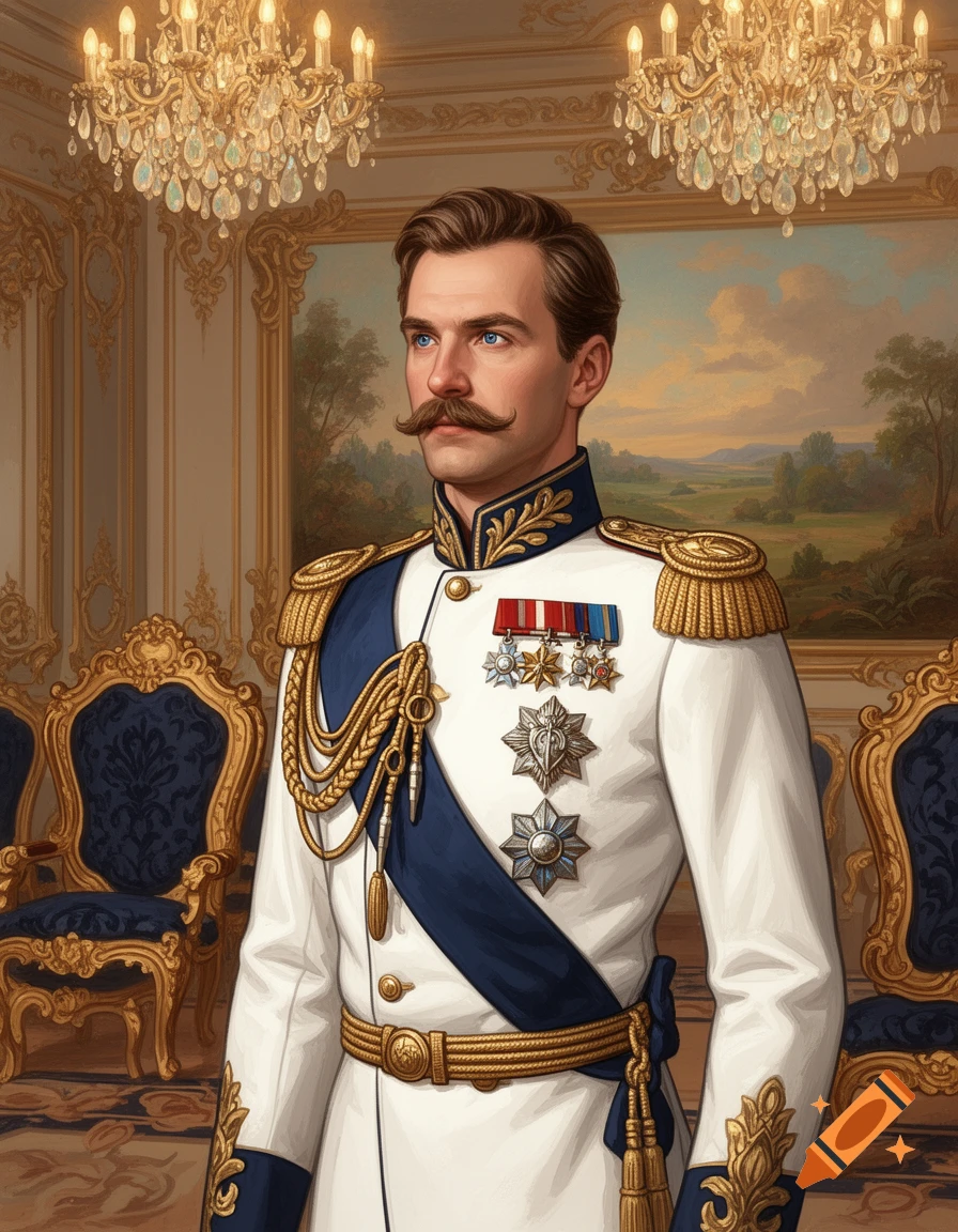 An illustrated portrait of a man with a mustache wearing a white and blue imperial uniform with gold epaulets and medals in a grand room.