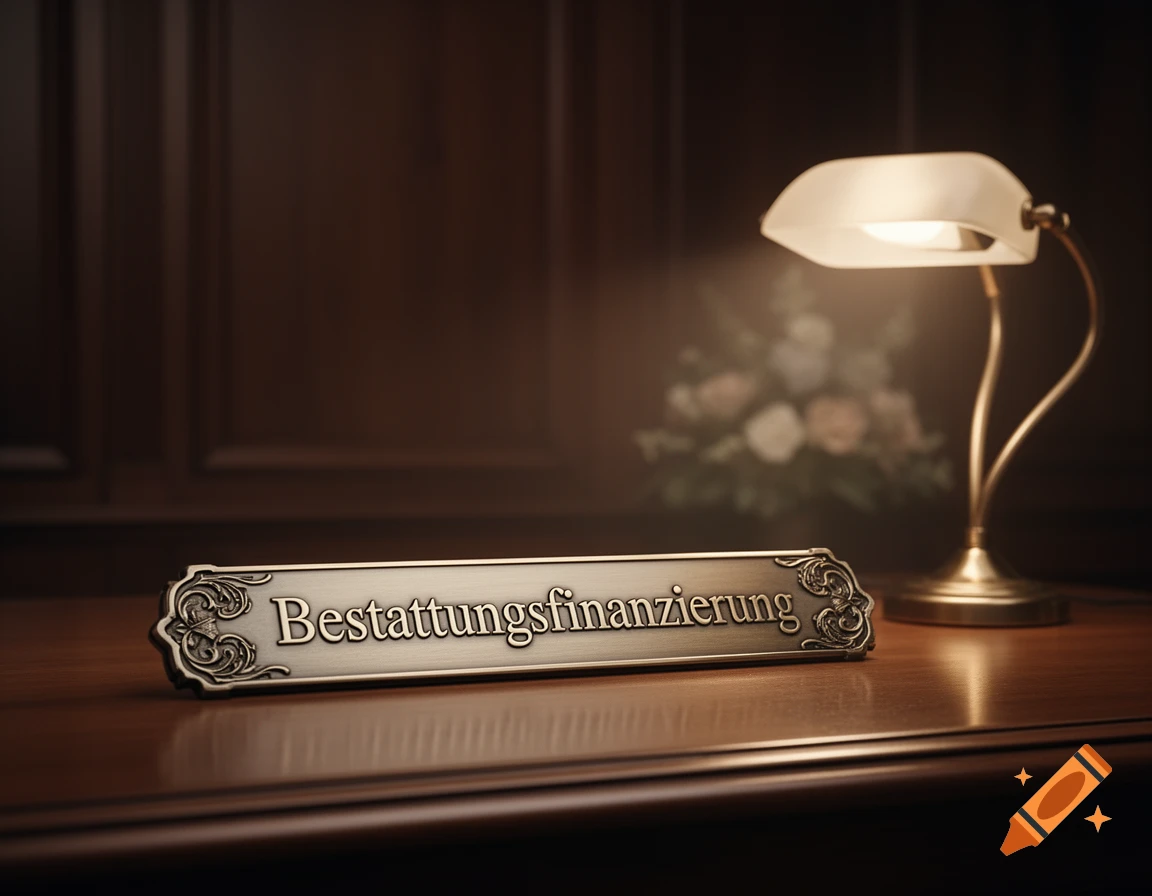 A brass nameplate reading "Bestattungsfinanzierung" on a polished wooden desk, illuminated by a classic desk lamp.