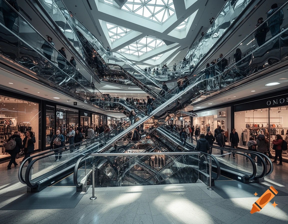 A complex, multi-level shopping mall interior with numerous escalators, glass railings, and people, evoking an M. C. Escher-like architectural style.