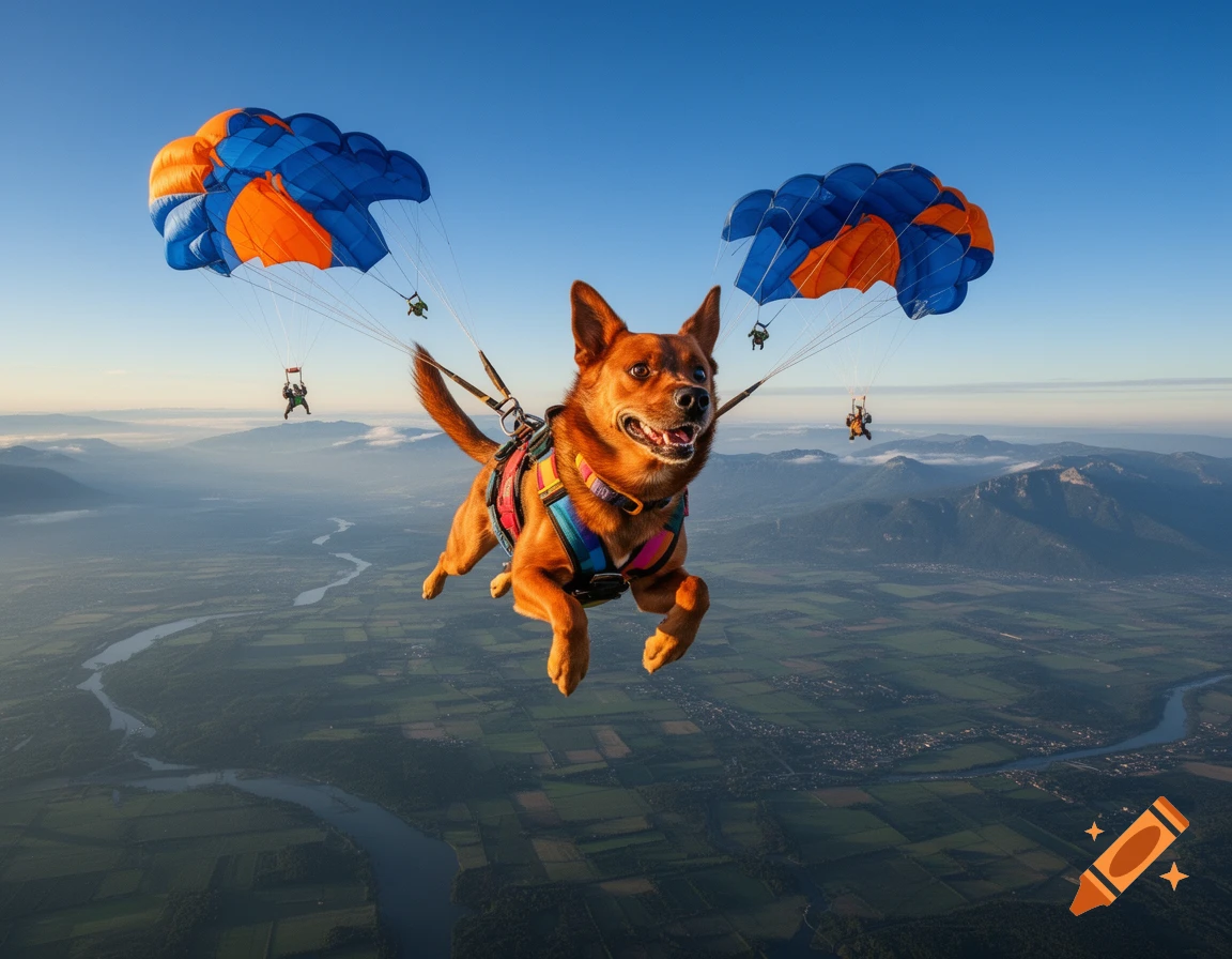 A happy brown dog skydives with two parachutes and tiny skydivers above a scenic landscape with mountains and rivers.