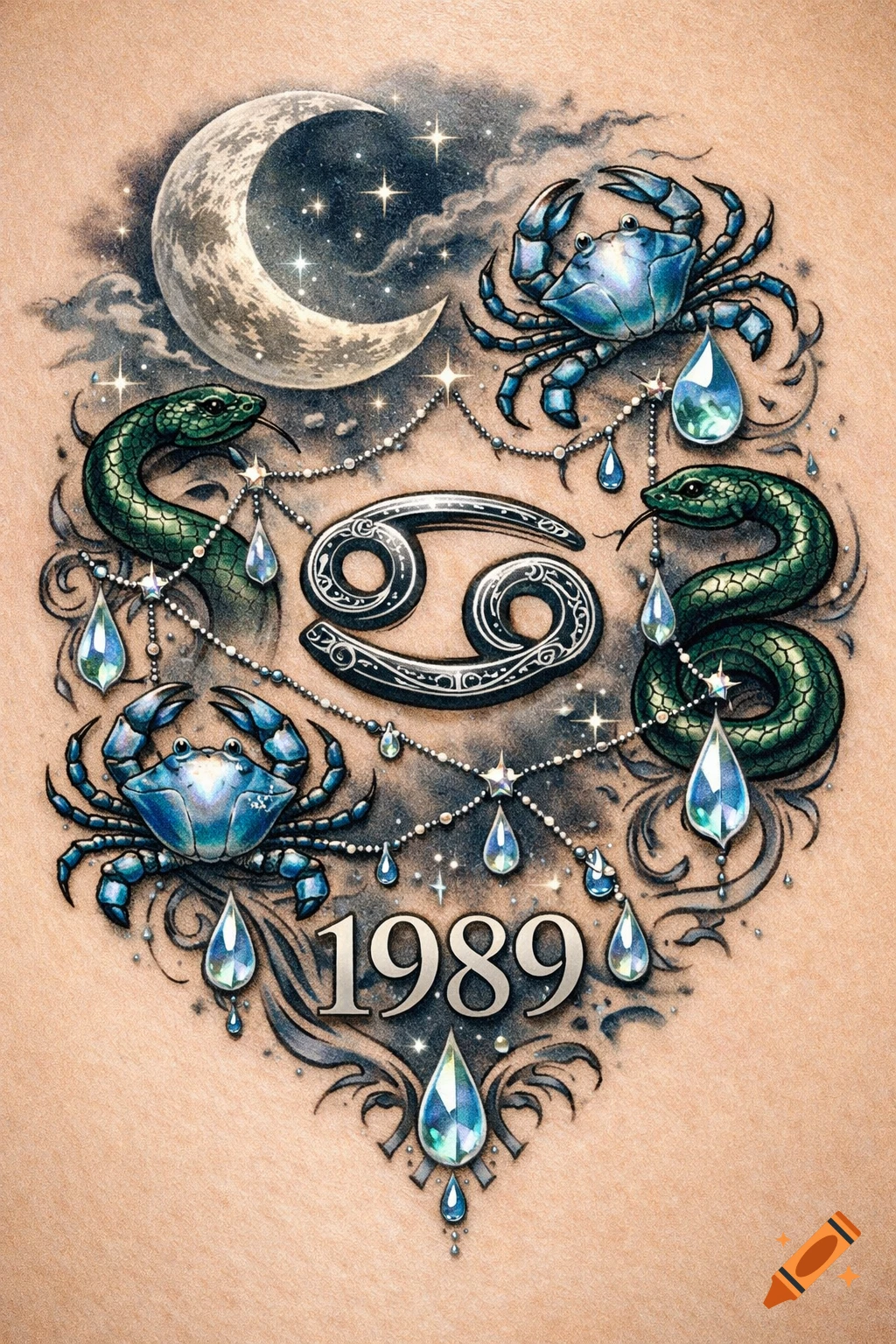 A detailed Cancer zodiac tattoo design featuring crabs, snakes, a crescent moon, stars, and the year 1989, adorned with jewels.