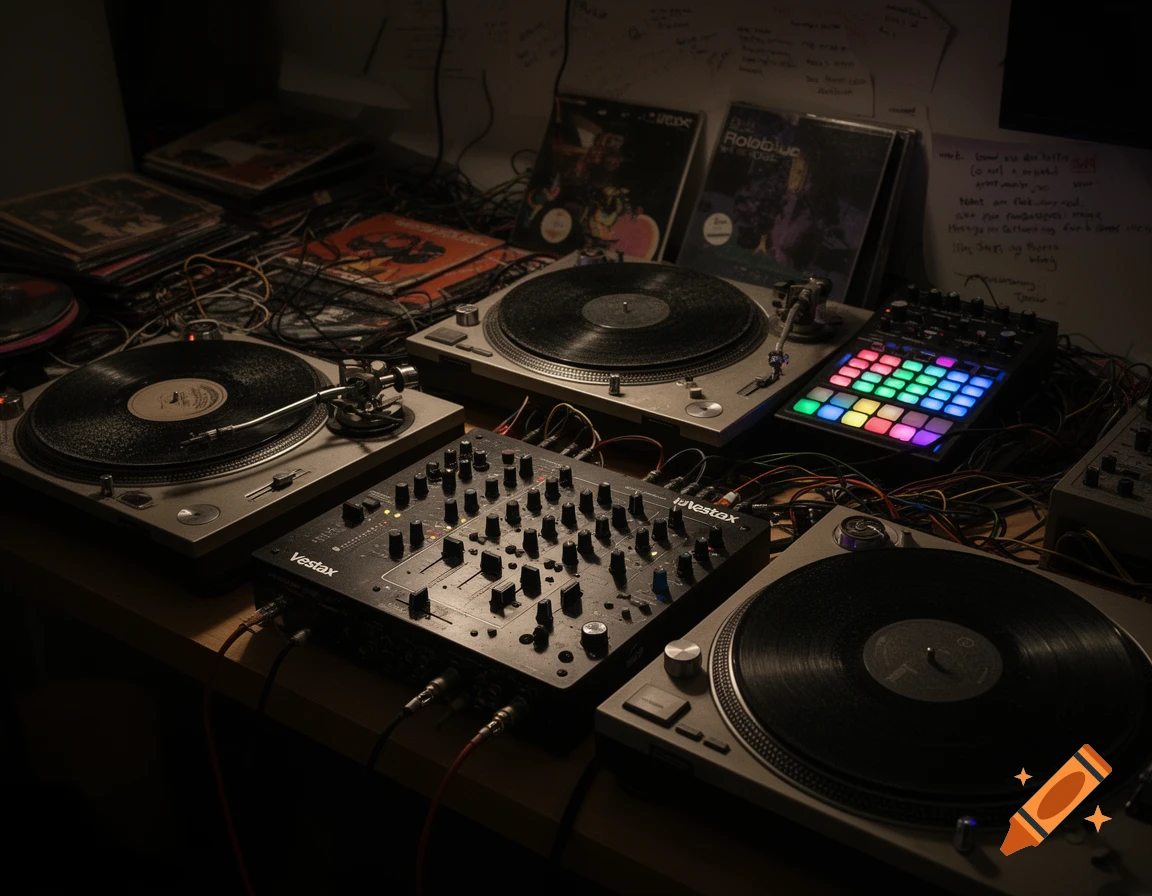 A dark, overhead shot of a messy desk featuring three record decks, a Vestax mixer, and a colorful Roland MC-303-like groovebox, surrounded by cables and album covers.