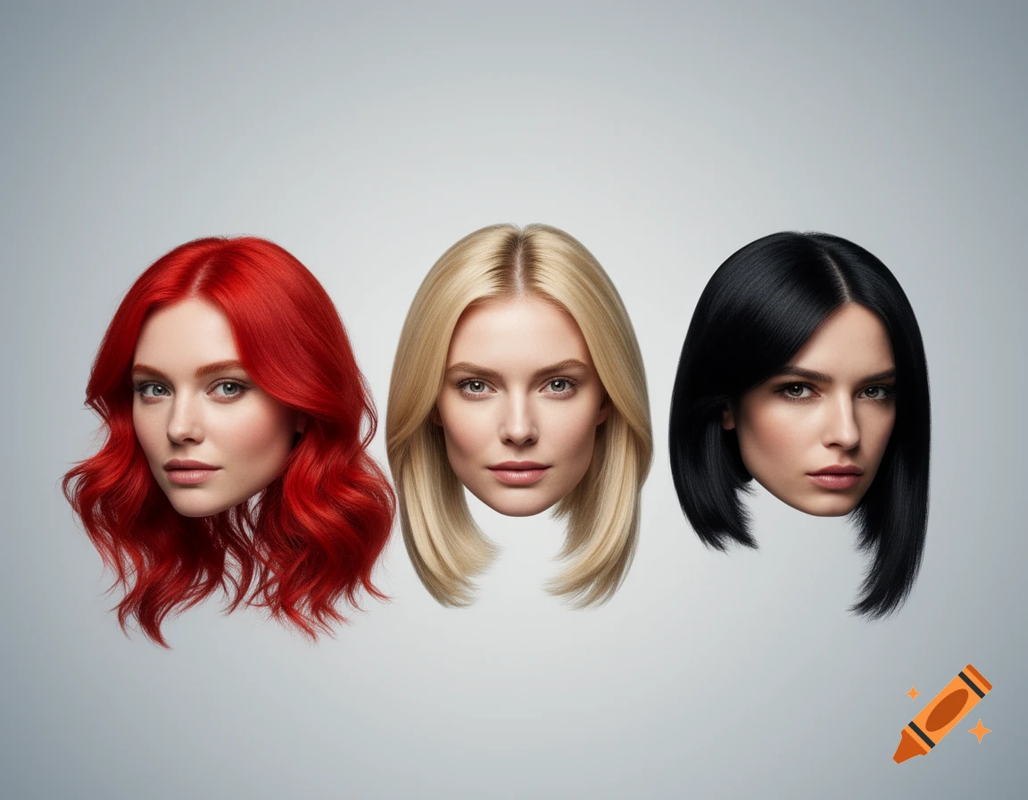 Three photorealistic floating disembodied female heads with red, blonde, and black hair on a gray background.