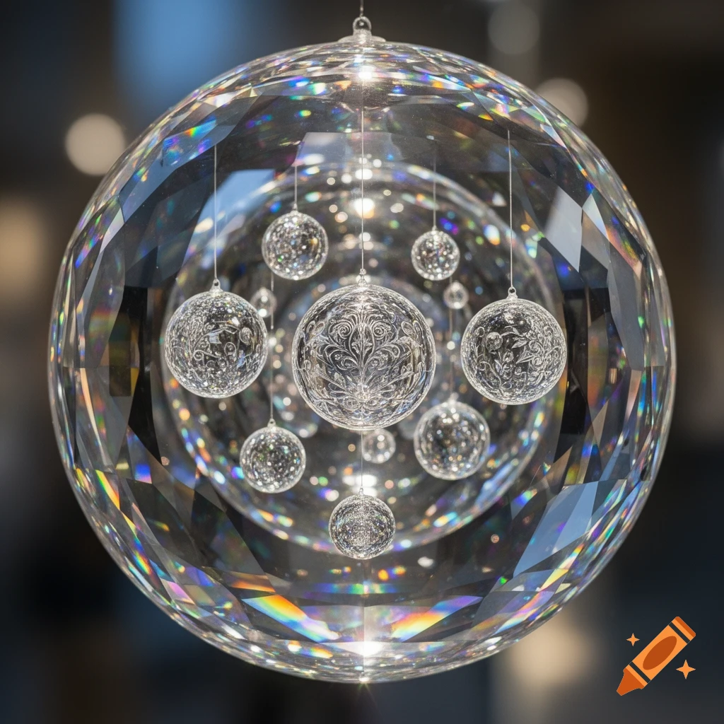 A large faceted crystal sphere with smaller ornate crystal spheres suspended inside, reflecting colorful light.