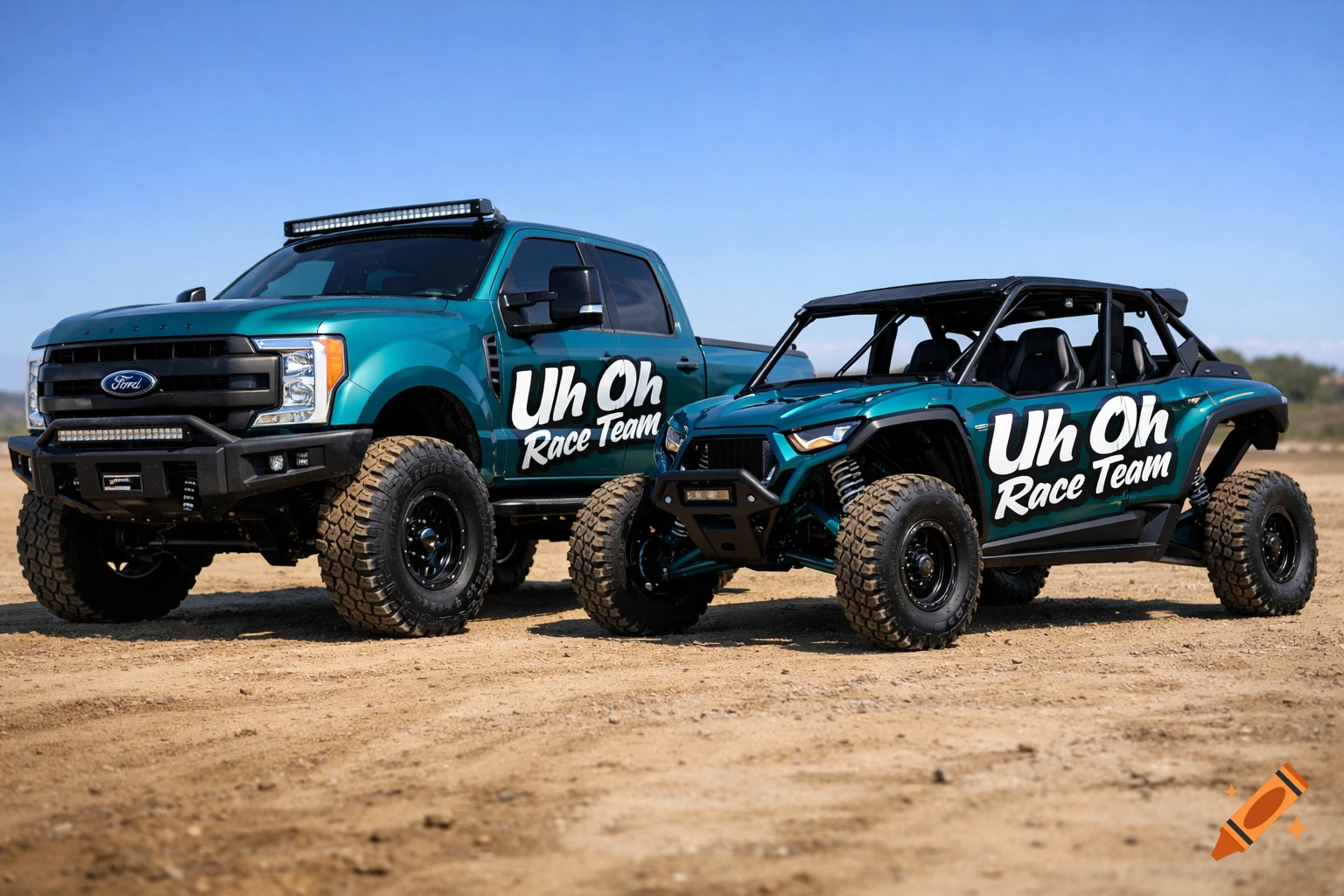A teal Ford Super Duty truck and a teal side-by-side UTV, both with 'Uh Oh Race Team' text, parked on a dirt track under a blue sky.