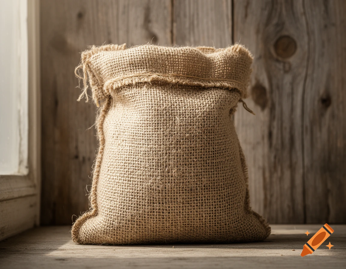 A light brown burlap sack stands on a rustic wooden surface with a wooden wall in the background, lit by natural light.