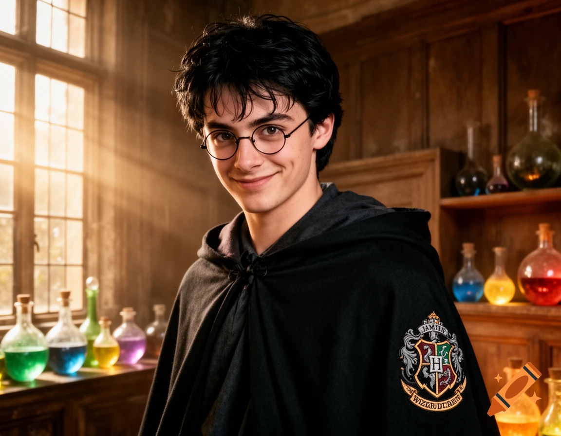 A young man resembling Harry Potter, wearing glasses and a wizard's cloak with a crest, smiles in a sunlit room filled with potion bottles.
