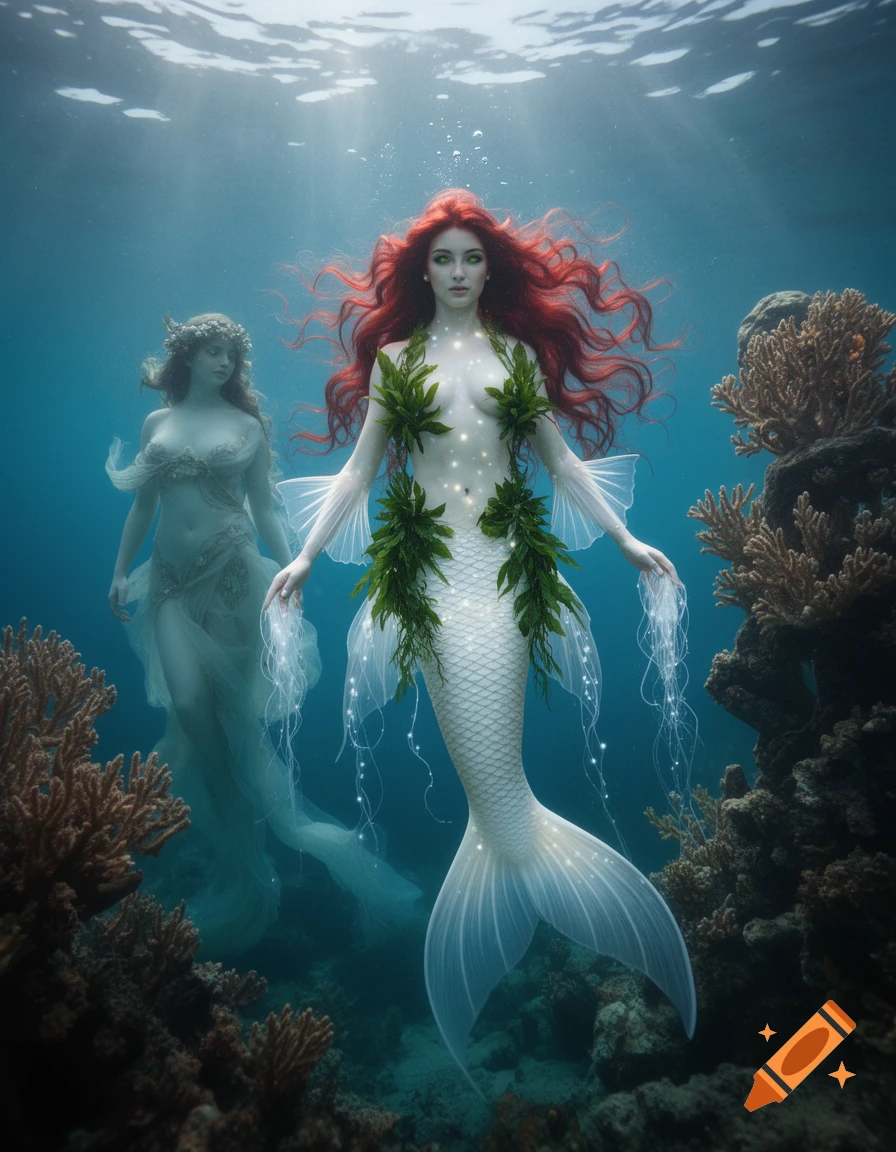 A red-haired mermaid with a green plant top and pearly white tail floats underwater next to coral, with a second mermaid in the background.