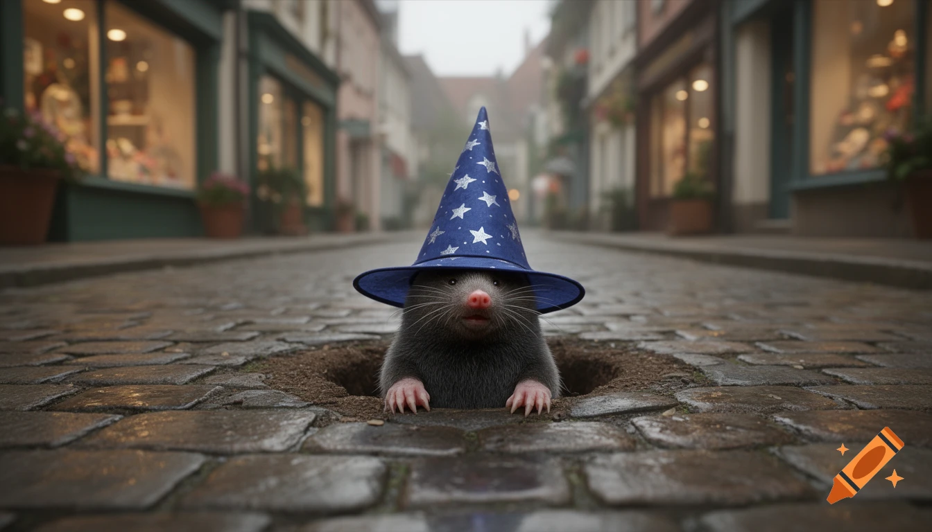 A cute mole wearing a blue wizard hat with stars peeks out of a hole in a wet cobblestone street, with blurry shopfronts in the background.