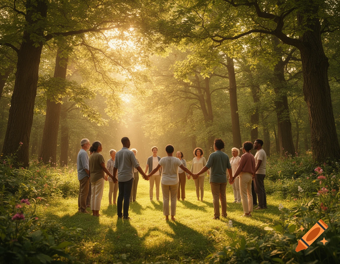 Diverse people hold hands in a circle in a sunlit forest, dappled light illuminates the ground and trees.