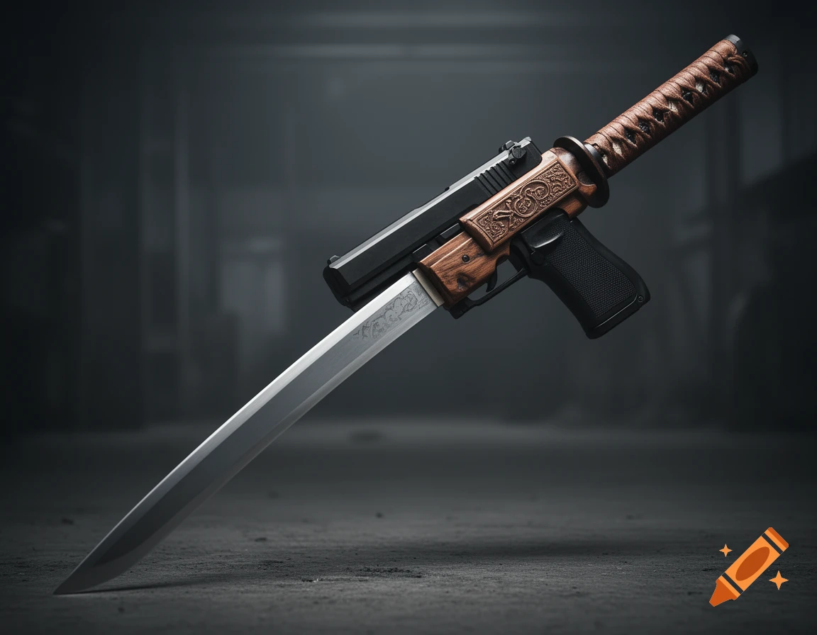 A close-up, photorealistic image of a unique weapon combining a katana sword and a pistol, resting on a dark, gritty surface.