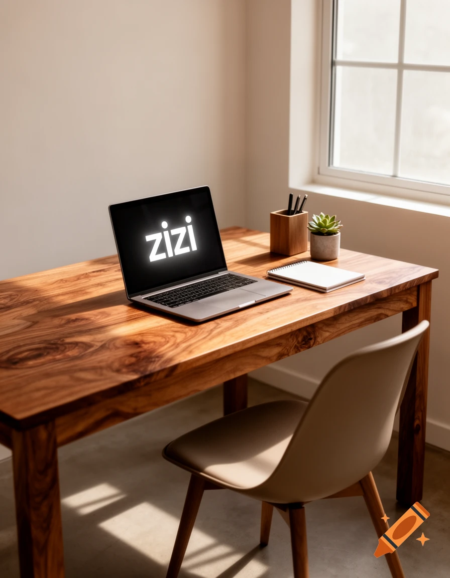 A laptop displaying "zizi" sits on a wooden desk next to a window, with a small plant, pens, and a notebook.